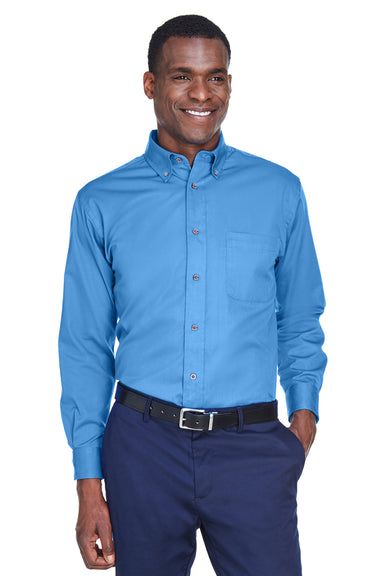 Harriton M500 Mens Wrinkle Resistant Long Sleeve Button Down Shirt w/ Pocket Nautical Blue Front