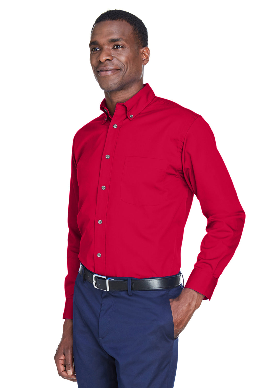 Harriton M500/M500T Wrinkle Resistant Long Sleeve Button Down Shirt w/ Pocket Red 3Q