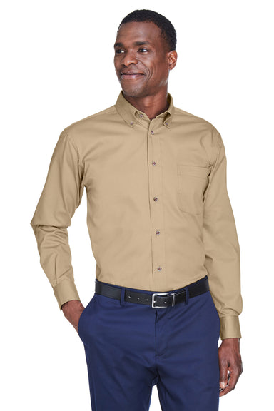 Harriton M500 Mens Wrinkle Resistant Long Sleeve Button Down Shirt w/ Pocket Stone Brown Front