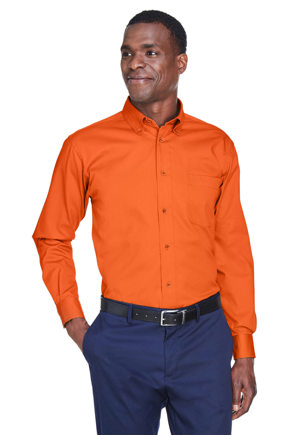 Harriton Mens Wrinkle Resistant Long Sleeve Button Down Shirt w/ Pocket -  Team Orange