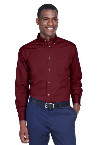 Harriton M500 Mens Wrinkle Resistant Long Sleeve Button Down Shirt w/ Pocket Wine Red Front