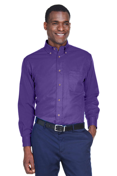 Harriton M500 Mens Wrinkle Resistant Long Sleeve Button Down Shirt w/ Pocket Purple Front