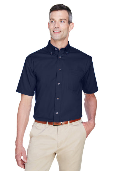 Harriton M500S Mens Wrinkle Resistant Short Sleeve Button Down Shirt w/ Pocket Navy Blue Front