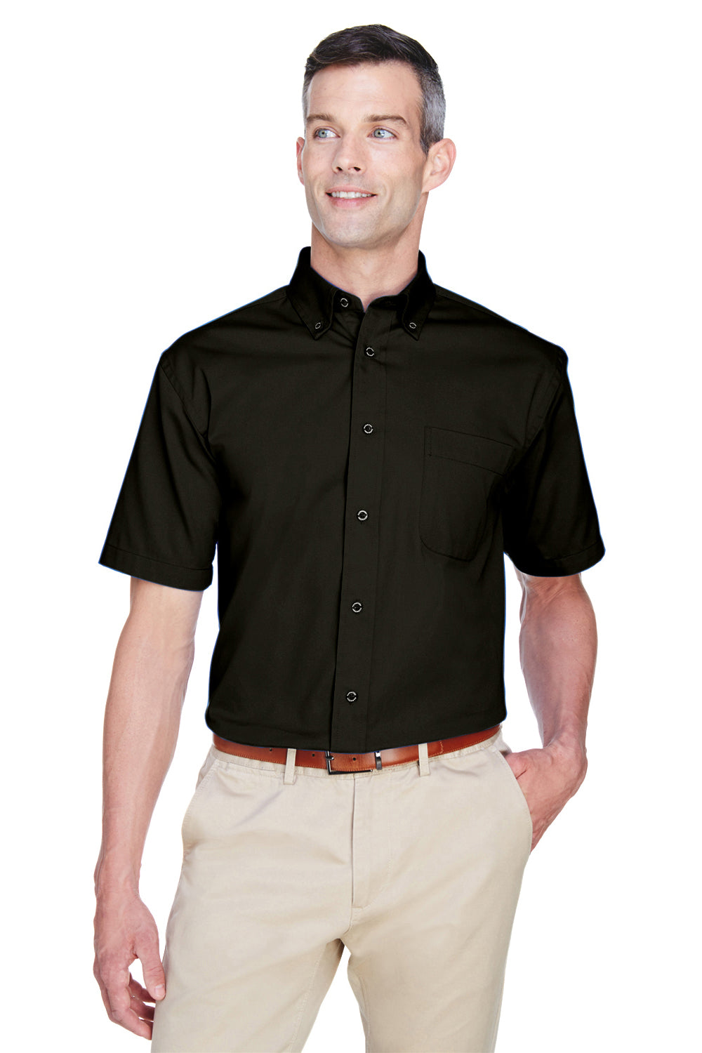 Harriton M500S Mens Wrinkle Resistant Short Sleeve Button Down Shirt w/ Pocket Black Front