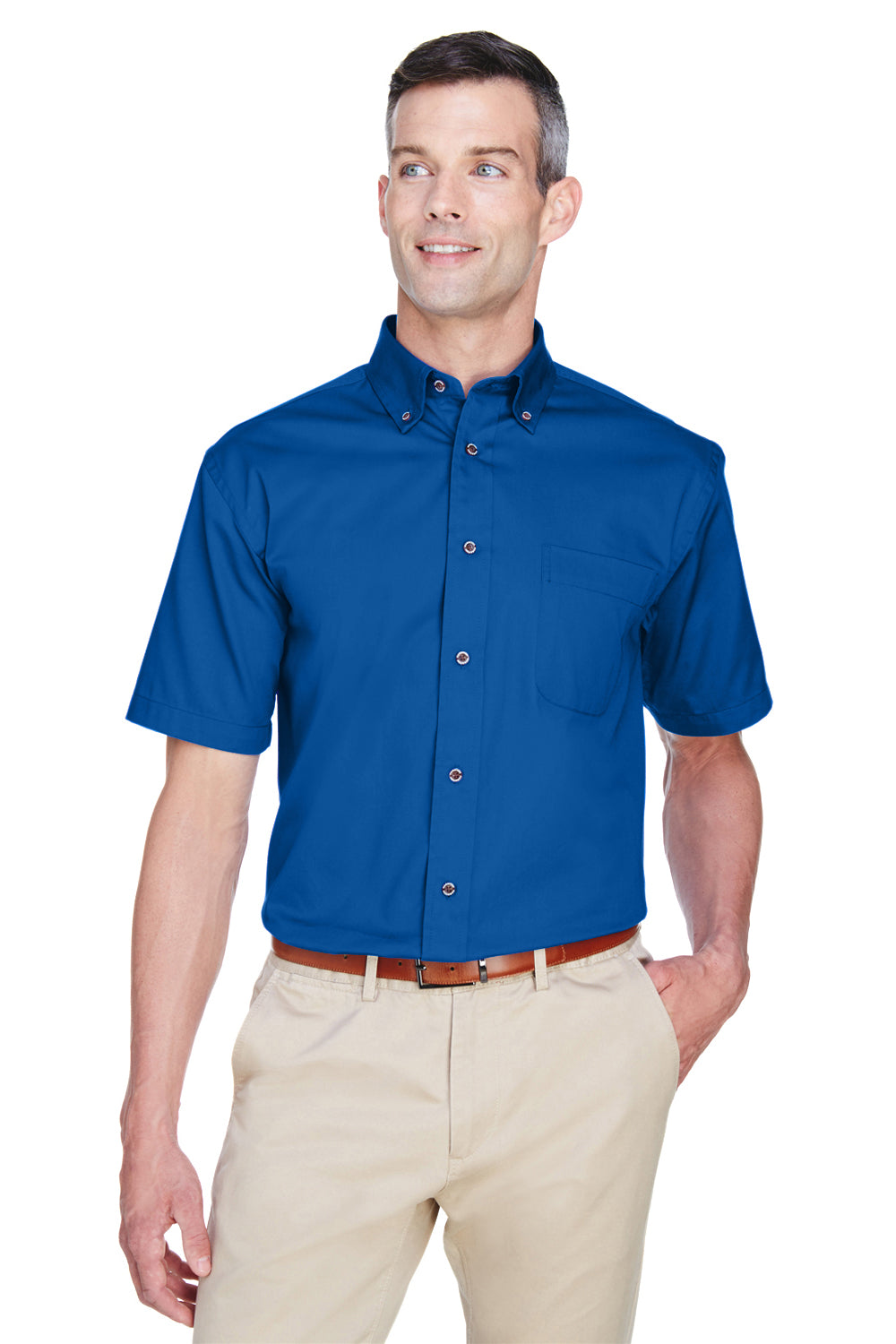 Harriton M500S Mens Wrinkle Resistant Short Sleeve Button Down Shirt w/ Pocket French Blue Front