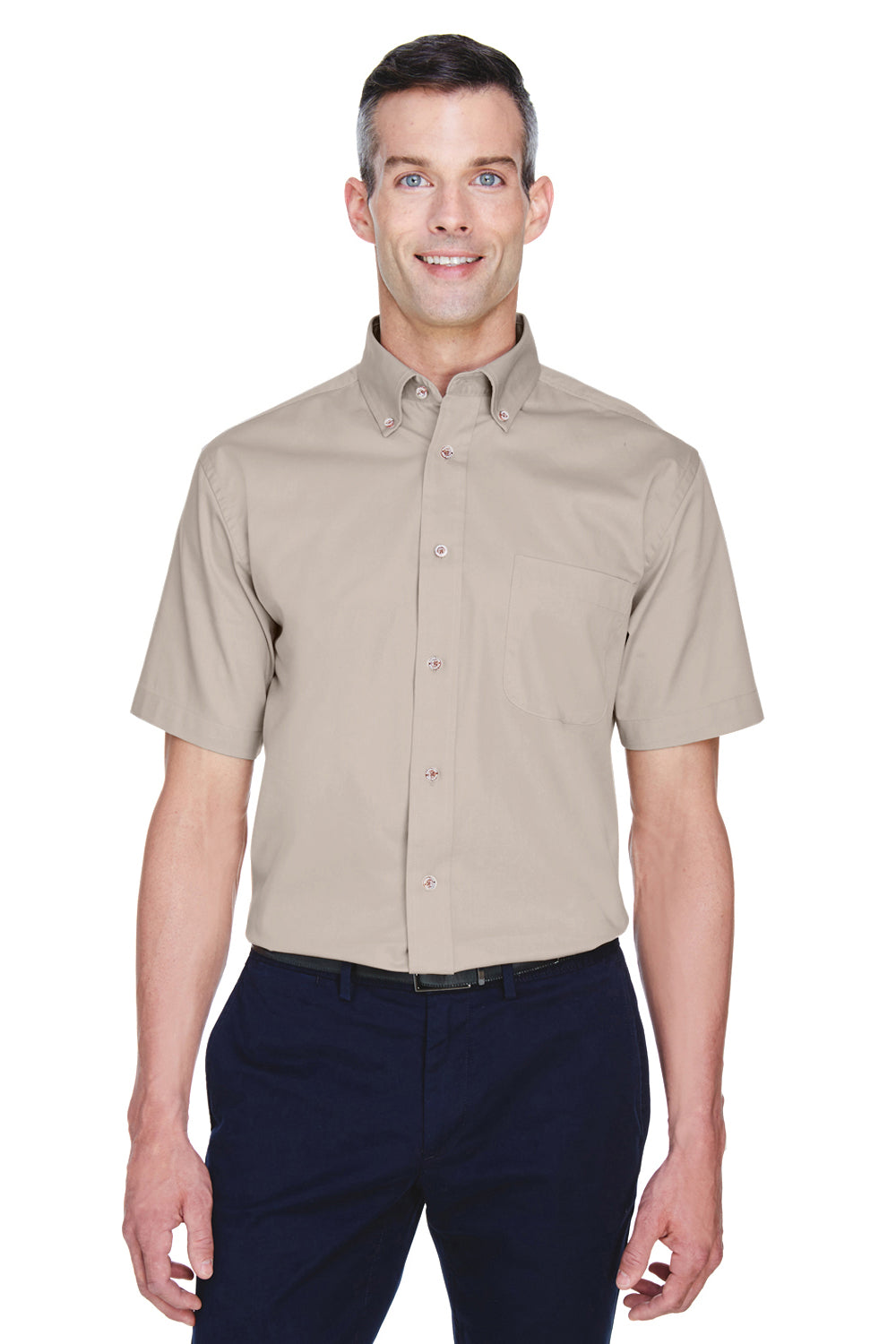 Harriton M500S Mens Wrinkle Resistant Short Sleeve Button Down Shirt w/ Pocket Stone Brown Front