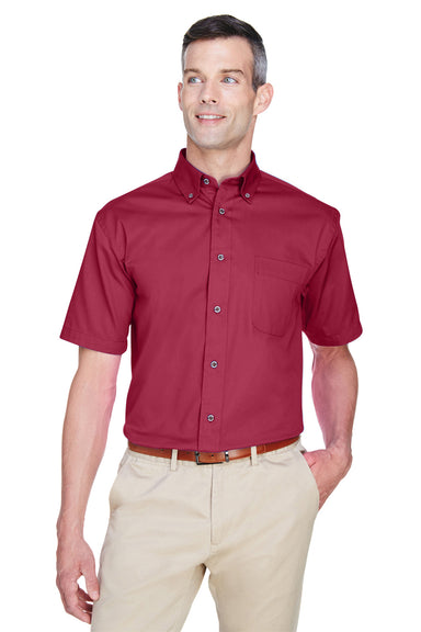 Harriton M500S Mens Wrinkle Resistant Short Sleeve Button Down Shirt w/ Pocket Wine Red Front