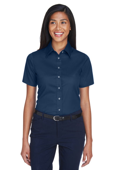 Harriton M500SW Womens Wrinkle Resistant Short Sleeve Button Down Shirt Navy Blue Front