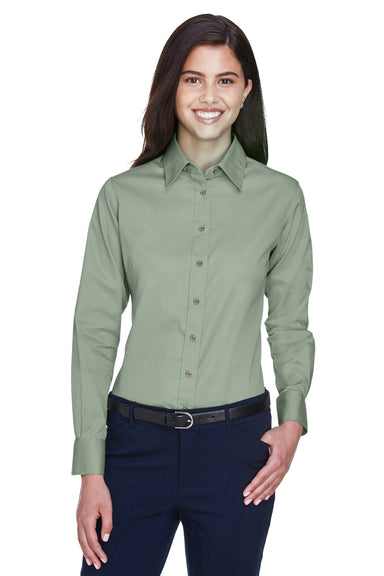 Harriton M500W Womens Wrinkle Resistant Long Sleeve Button Down Shirt Dill Green Front
