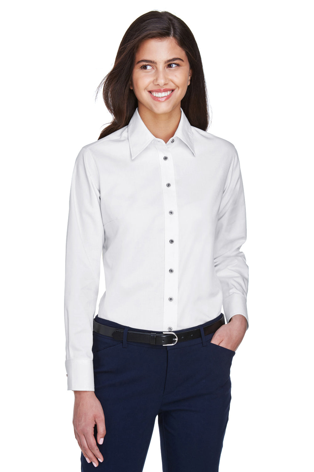 Harriton M500W Womens Wrinkle Resistant Long Sleeve Button Down Shirt White Front