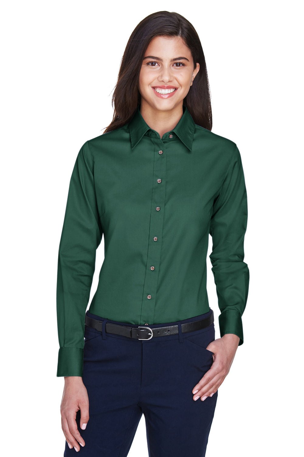 Harriton M500W Womens Wrinkle Resistant Long Sleeve Button Down Shirt Hunter Green Front