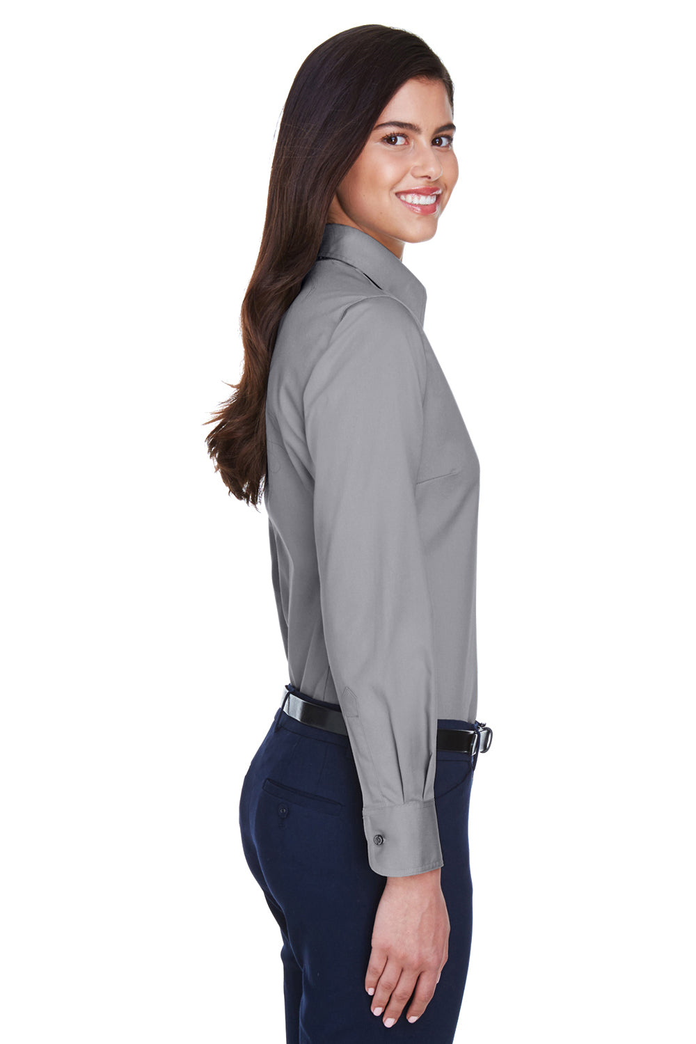 Harriton M500W Womens Wrinkle Resistant Long Sleeve Button Down Shirt Dark Grey Side