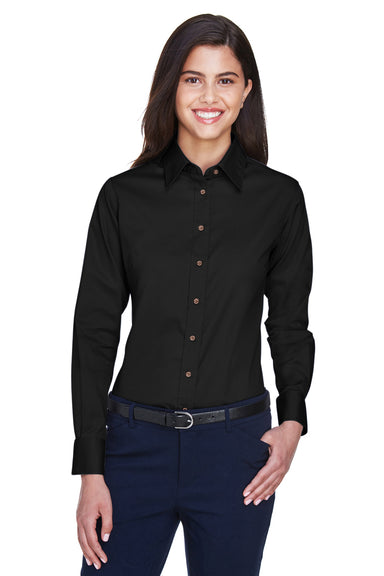 Harriton M500W Womens Wrinkle Resistant Long Sleeve Button Down Shirt Black Front