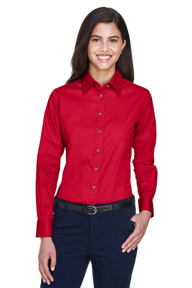 Harriton M500W Womens Wrinkle Resistant Long Sleeve Button Down Shirt Red Front