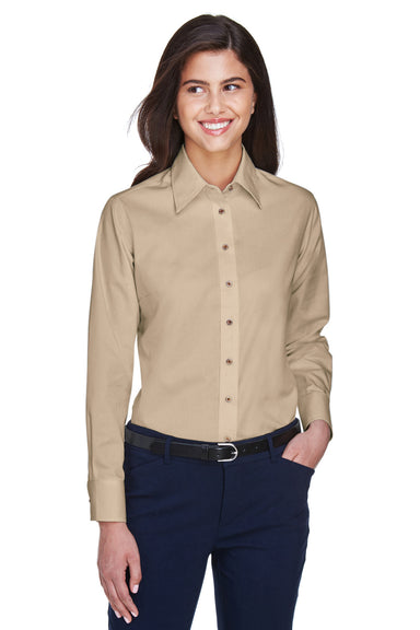 Harriton M500W Womens Wrinkle Resistant Long Sleeve Button Down Shirt Stone Brown Front