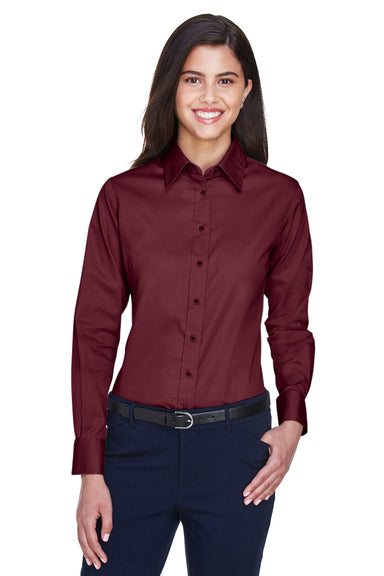 Harriton M500W Womens Wrinkle Resistant Long Sleeve Button Down Shirt Wine Red Front