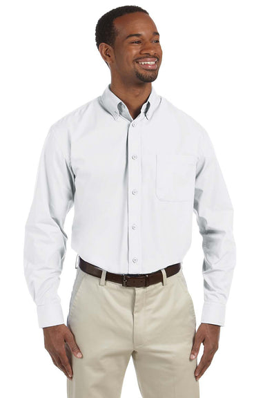 Harriton M510 Mens Essential Long Sleeve Button Down Shirt w/ Pocket White Front
