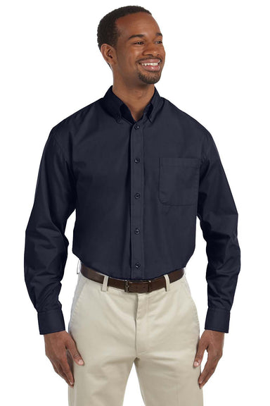 Harriton M510 Mens Essential Long Sleeve Button Down Shirt w/ Pocket Navy Blue Front
