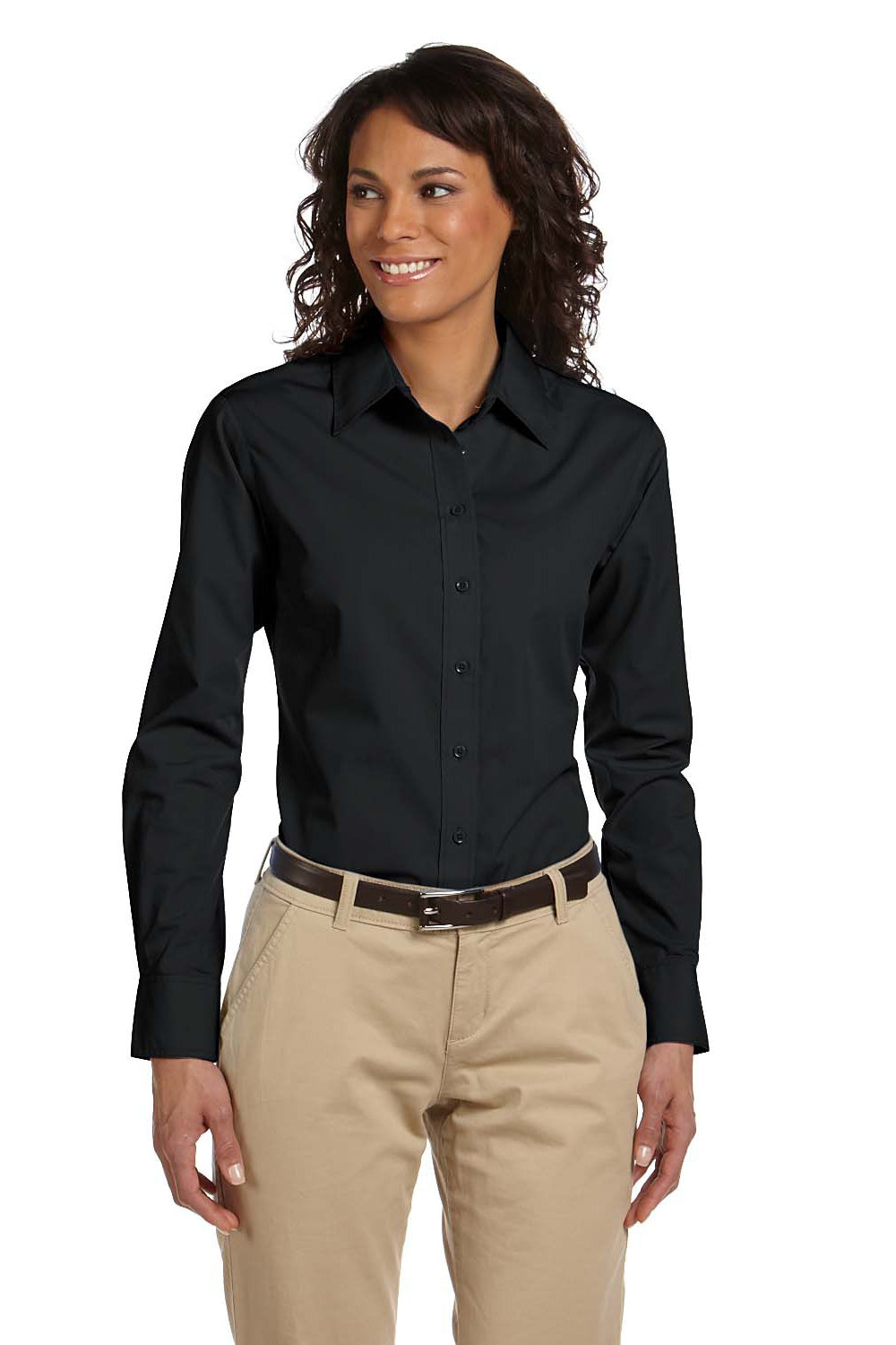 Harriton M510W Womens Essential Long Sleeve Button Down Shirt Black Front