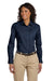 Harriton M510W Womens Essential Long Sleeve Button Down Shirt Navy Blue Front