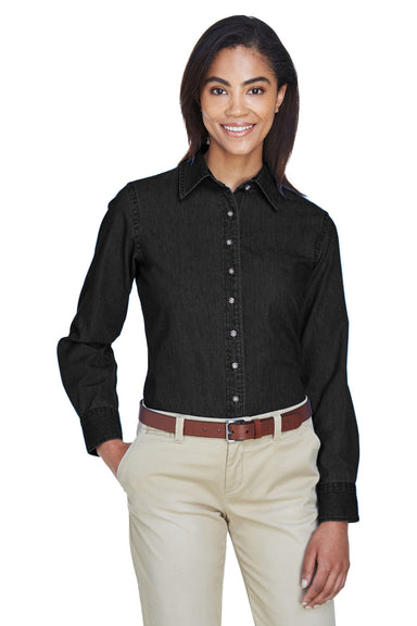 Harriton M550W Womens Denim Long Sleeve Button Down Shirt Black Front