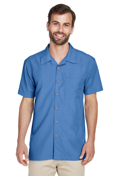 Harriton M560 Mens Barbados Wrinkle Resistant Short Sleeve Button Down Camp Shirt w/ Pocket Pool Blue Front