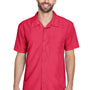 Harriton Mens Barbados Wrinkle Resistant Short Sleeve Button Down Camp Shirt w/ Pocket - Parrot Red