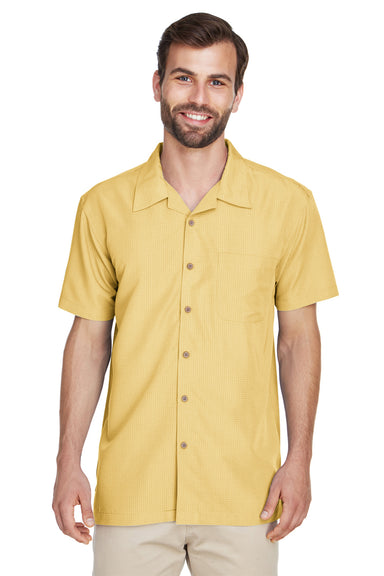 Harriton M560 Mens Barbados Wrinkle Resistant Short Sleeve Button Down Camp Shirt w/ Pocket Pineapple Yellow Front