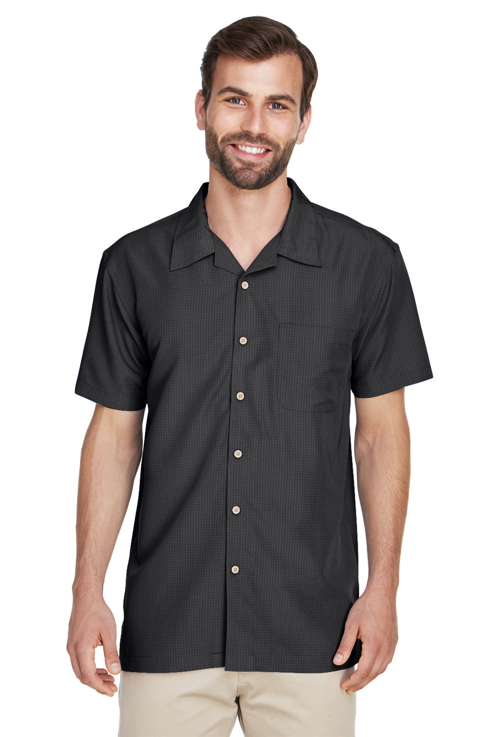 Harriton M560 Mens Barbados Wrinkle Resistant Short Sleeve Button Down Camp Shirt w/ Pocket Black Front