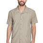 Harriton Mens Barbados Wrinkle Resistant Short Sleeve Button Down Camp Shirt w/ Pocket - Khaki