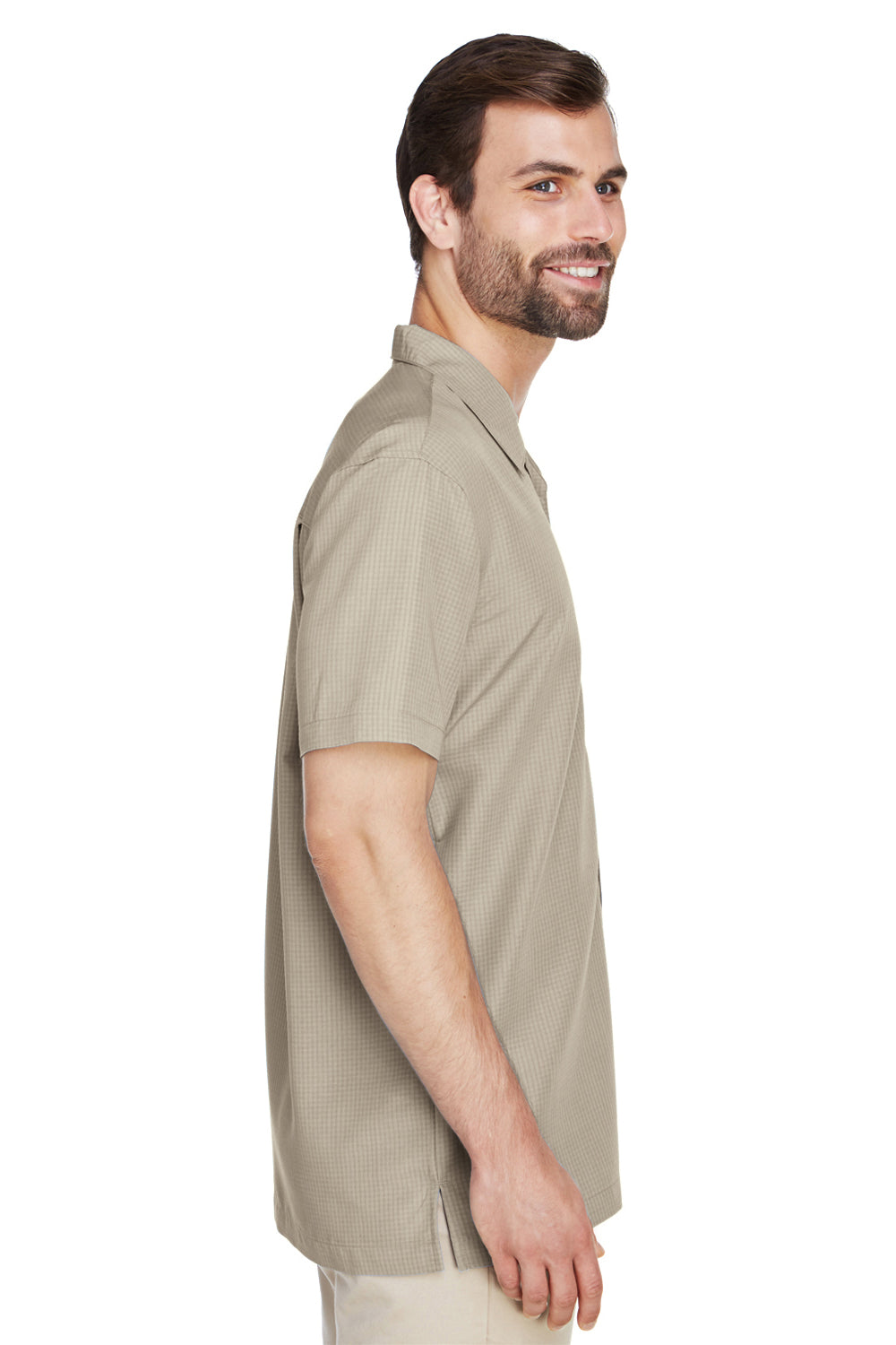 Harriton M560 Mens Barbados Wrinkle Resistant Short Sleeve Button Down Camp Shirt w/ Pocket Khaki Brown Side