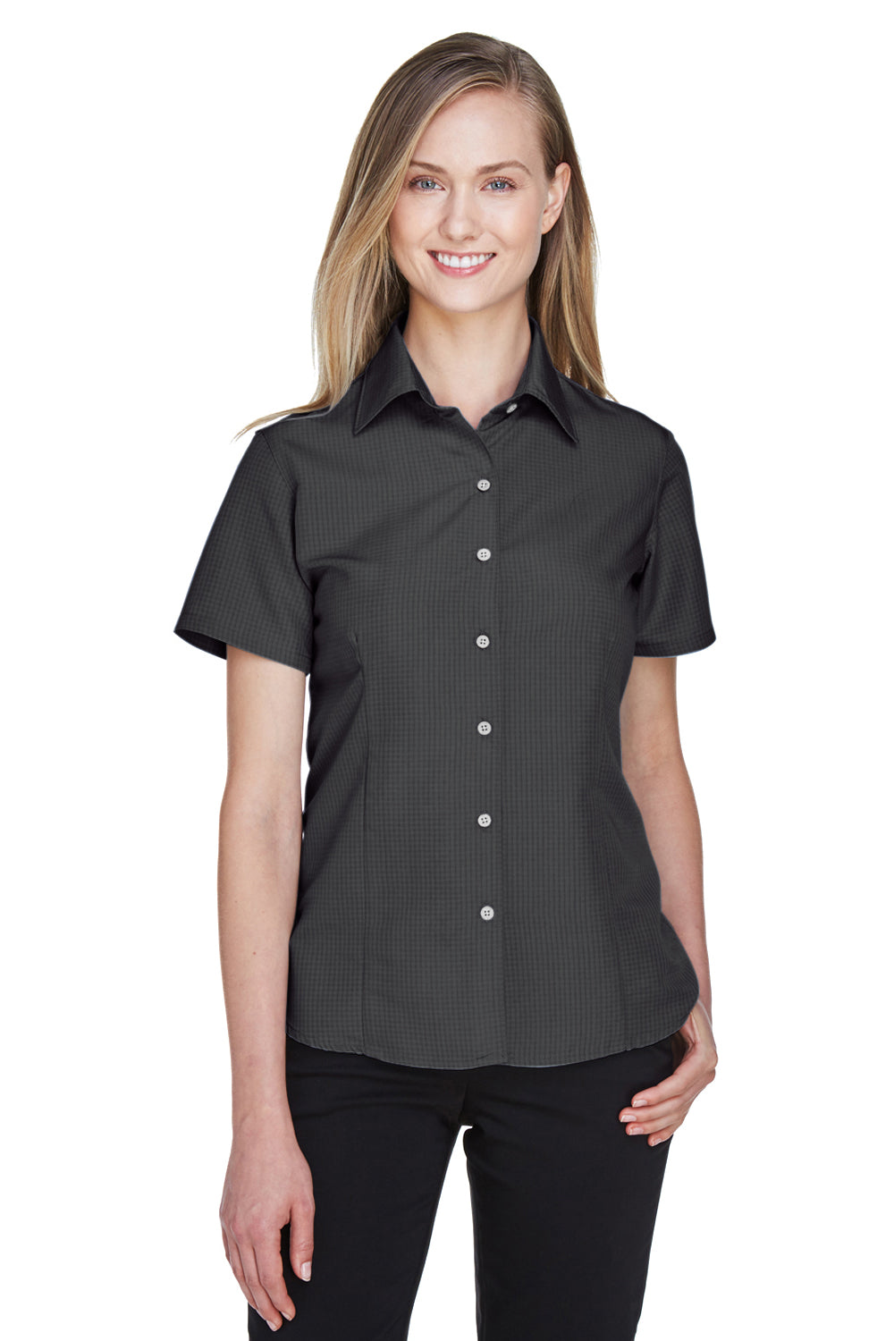 Harriton M560W Womens Barbados Wrinkle Resistant Short Sleeve Button Down Camp Shirt Black Front