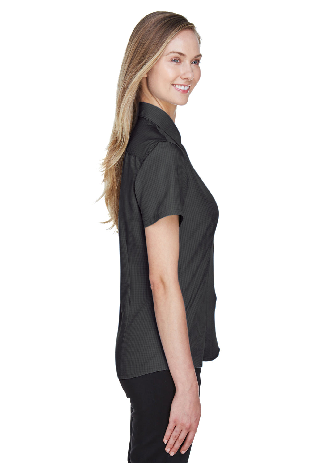 Harriton M560W Womens Barbados Wrinkle Resistant Short Sleeve Button Down Camp Shirt Black Side