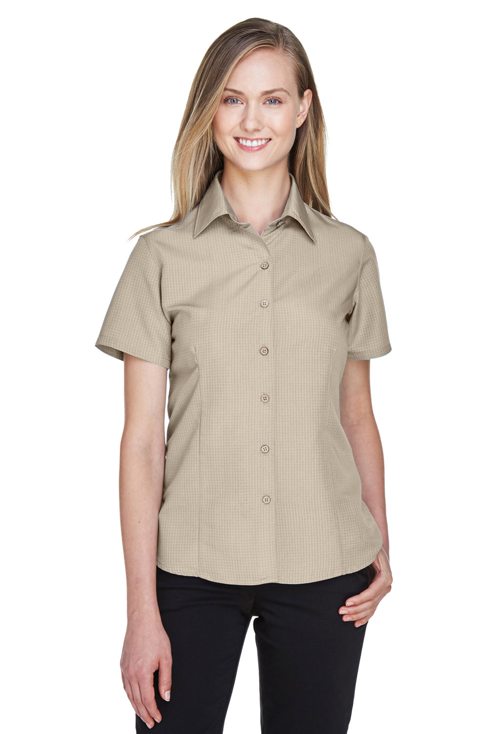 Harriton M560W Womens Barbados Wrinkle Resistant Short Sleeve Button Down Camp Shirt Khaki Brown Front