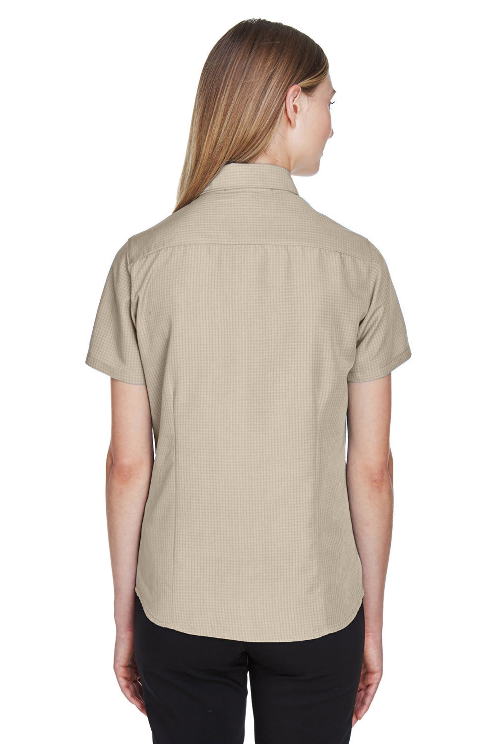 Harriton M560W Womens Barbados Wrinkle Resistant Short Sleeve Button Down Camp Shirt Khaki Brown Back