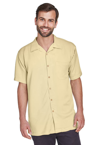 Harriton M570 Mens Bahama Wrinkle Resistant Short Sleeve Button Down Camp Shirt w/ Pocket Sand Brown Front