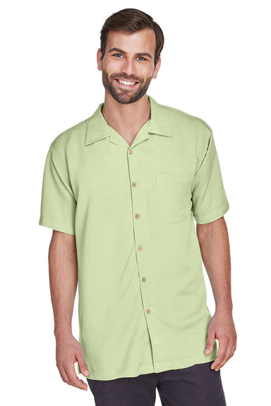 Harriton M570 Mens Bahama Wrinkle Resistant Short Sleeve Button Down Camp Shirt w/ Pocket Green Mist Front