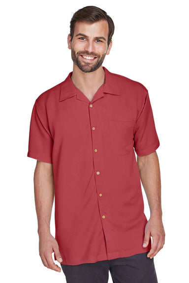 Harriton M570 Mens Bahama Wrinkle Resistant Short Sleeve Button Down Camp Shirt w/ Pocket Tile Red Front
