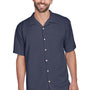 Harriton Mens Bahama Wrinkle Resistant Short Sleeve Button Down Camp Shirt w/ Pocket - Navy Blue