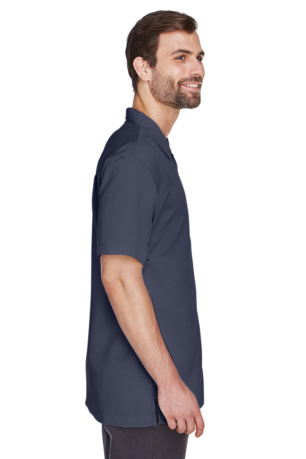 Harriton M570 Mens Bahama Wrinkle Resistant Short Sleeve Button Down Camp Shirt w/ Pocket Navy Blue Side