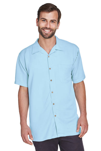 Harriton M570 Mens Bahama Wrinkle Resistant Short Sleeve Button Down Camp Shirt w/ Pocket Cloud Blue Front