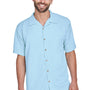 Harriton Mens Bahama Wrinkle Resistant Short Sleeve Button Down Camp Shirt w/ Pocket - Cloud Blue