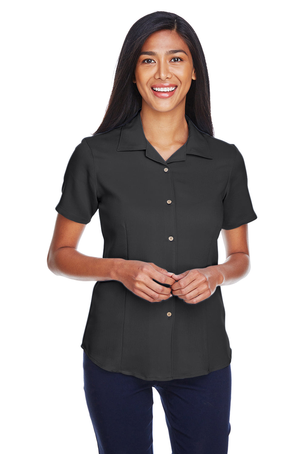 Harriton M570W Womens Bahama Wrinkle Resistant Short Sleeve Button Down Camp Shirt Black Front