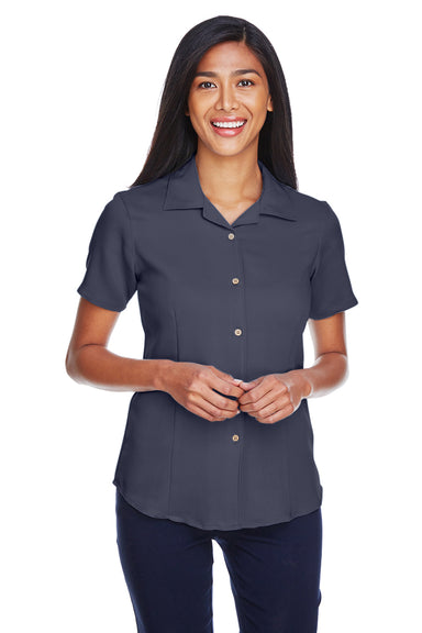 Harriton M570W Womens Bahama Wrinkle Resistant Short Sleeve Button Down Camp Shirt Navy Blue Front