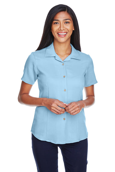 Harriton M570W Womens Bahama Wrinkle Resistant Short Sleeve Button Down Camp Shirt Cloud Blue Front