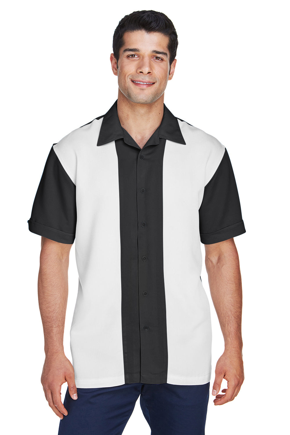 Harriton M575 Mens Bahama Wrinkle Resistant Short Sleeve Button Down Camp Shirt Black/Cream Front