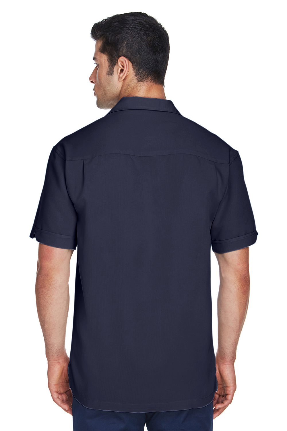 Harriton M575 Mens Bahama Wrinkle Resistant Short Sleeve Button Down Camp Shirt Navy Blue/Cream Back