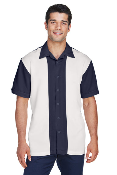 Harriton M575 Mens Bahama Wrinkle Resistant Short Sleeve Button Down Camp Shirt Navy Blue/Cream Front