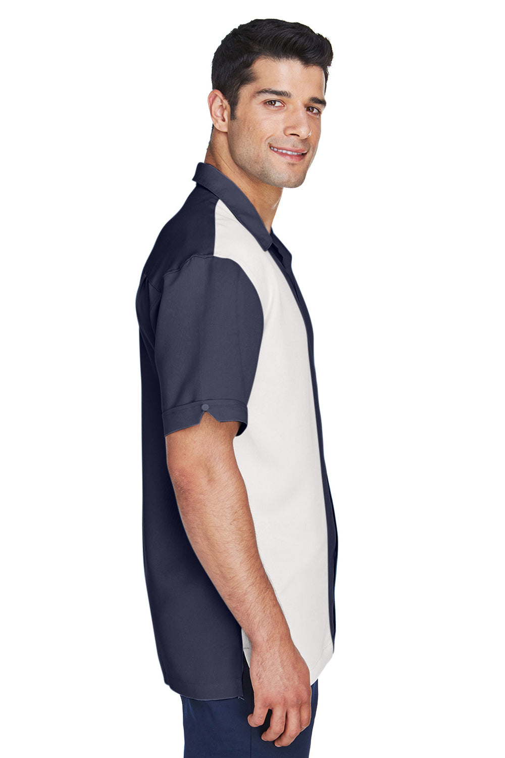 Harriton M575 Mens Bahama Wrinkle Resistant Short Sleeve Button Down Camp Shirt Navy Blue/Cream Side