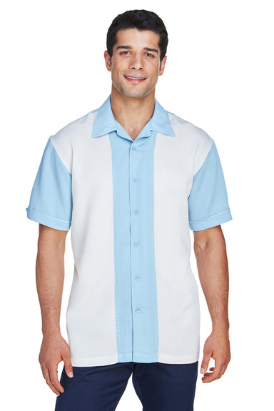 Harriton M575 Mens Bahama Wrinkle Resistant Short Sleeve Button Down Camp Shirt Cloud Blue/Cream Front